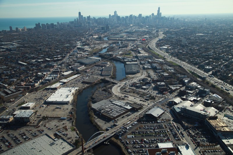Aerial view of the intersection after the Elston bypass, aka "The Hotdog" was built. Photo: CDOT