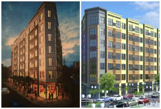 The proposed building’s new rendering is on the left.