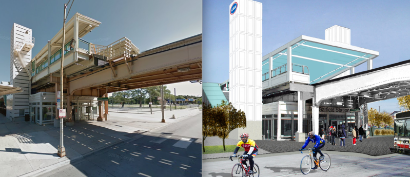 Current conditions at the station and a rendering of the rehab. Images: Google Street View, CTA