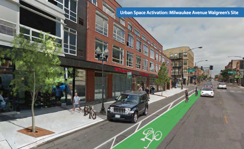 A rendering from the plan shows bike lanes on Milwaukee, as well as a reinvented, pedestrian-friendly Walgreens at Milwaukee/Wood.