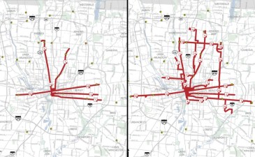 Left: Columbus bus service arriving at least every 15 minutes today. Right: Frequent bus service after the city's upcoming network overhaul. Maps via Columbus Underground