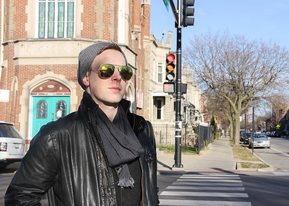 Richard Pallardy at the intersection of Wrightwood and Kimball, where he was struck by a hit-and-run driver last month. Photo: Jia Yue Yu