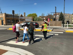 Ana leads Murphy Elementary students across Elston. Photo: John Greenfield