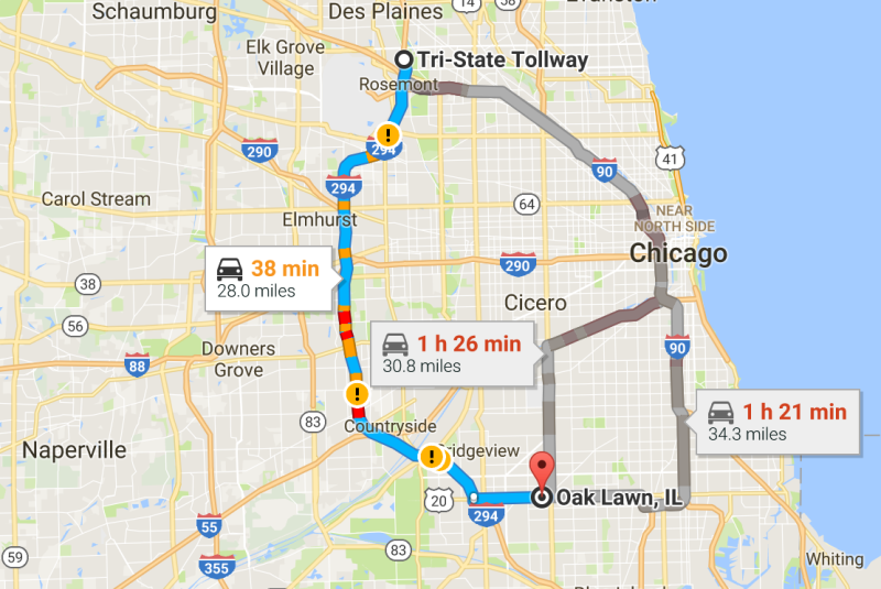 The Illinois Tollway plans to spend $4 billion to expand I-294 between Rosemont and Oak Lawn. Image: Google Maps
