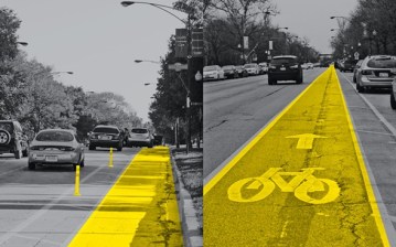 The protected bike lane on Marshall Boulevard was downgraded to a buffered lane due to complaints about parking and other concerns. Photos: Steven Vance, Paolo Cisneros