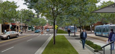 A 2014 rendering of possible BRT configuration for Lansing BRT. Image: Dover, Kohl & Partners