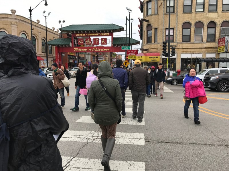 Currently pedestrians can only cross north-south at Cermak/Wentworth in the west leg of the intersection. After the street is rerouted, they'll be able to use the east leg as well. Photo: John Greenfield