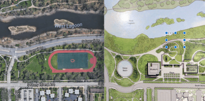 Pedestrianizing Cornell Drive by the library site could create up to five new acres of green space. Images: Google Maps, Obama Foundation