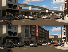 Renderings of a section of the flyover project area without and with redevelopment. Images: CTA