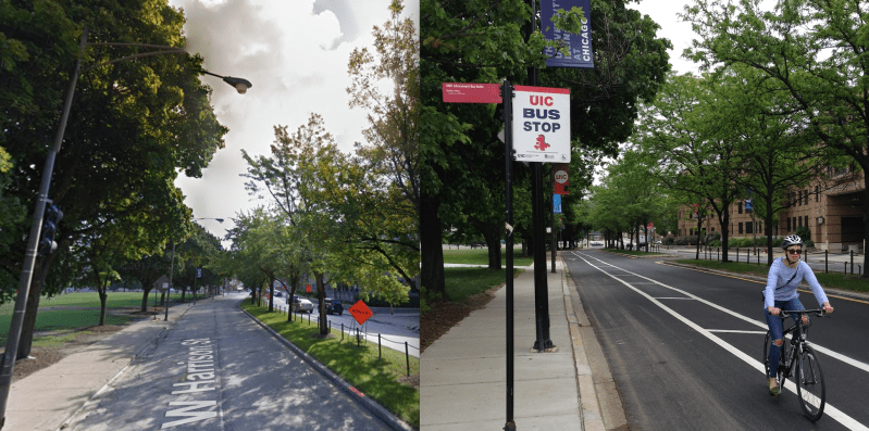 The new bike lanes replaced excess travel lanes on Harrison. Photos: Google Street View, Kevin Monahan.