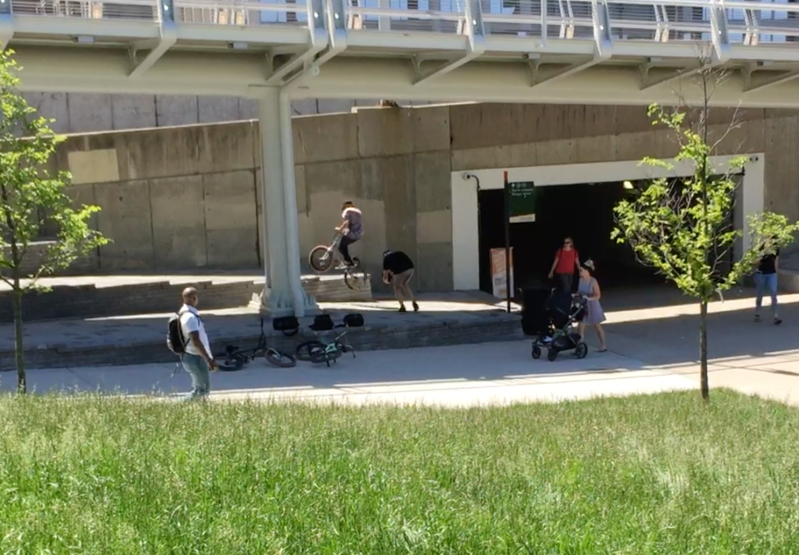 Catching air on the stonework under the Navy Pier Flyover. Photo: Lowell Nelson