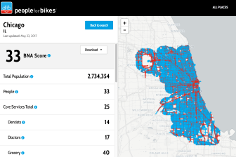 So far Chicago only has a BNAS rating of 33 out of 100 possible points. High-stress streets are shown in red and low-stress streets are shown in blue. Image: People for Bikes