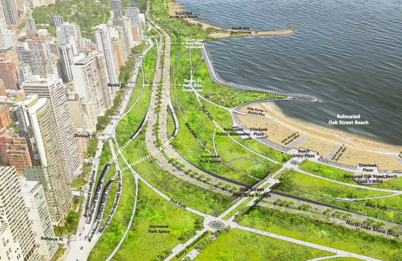 A proposal calls for widening the shoreline with infill between Oak and North. Image: City of Chicago
