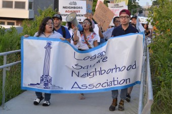 Youth leaders from LSNA, including Ashley Galvan Ramos, center, on the 606 during the recent demonstation. Photo: Iris Postma, LSNA