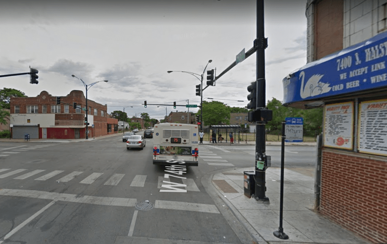 The intersection of 74th and Halsted, looking east. Image: Google Street View