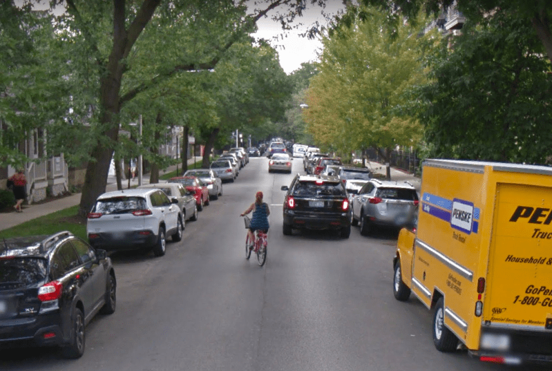 In general Roscoe and School/Aldine are already good streets to ride on, but the greenways will make them better. Image: Google Street View