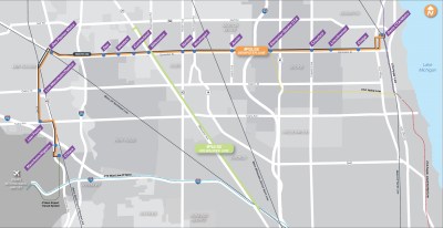 A map of the Pace Pulse route along Dempster between Evanston and O'Hare. Image: Pace
