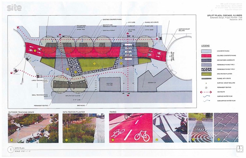 Rendering of the plaza and bikeway between the north and south buildings of Uplift High School. Image: Site Design