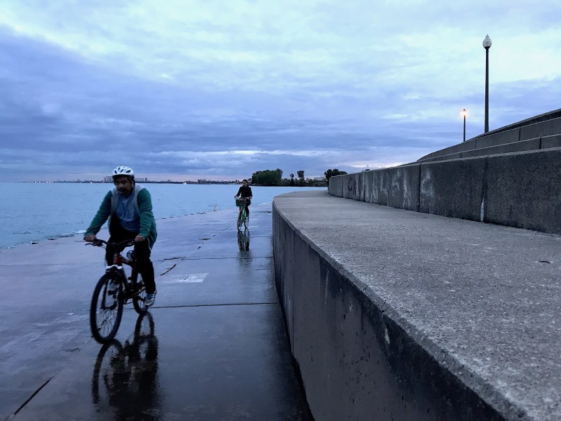 Cyclists on the revetment by the Adler Planetarium last week. Photo: John Greenfield