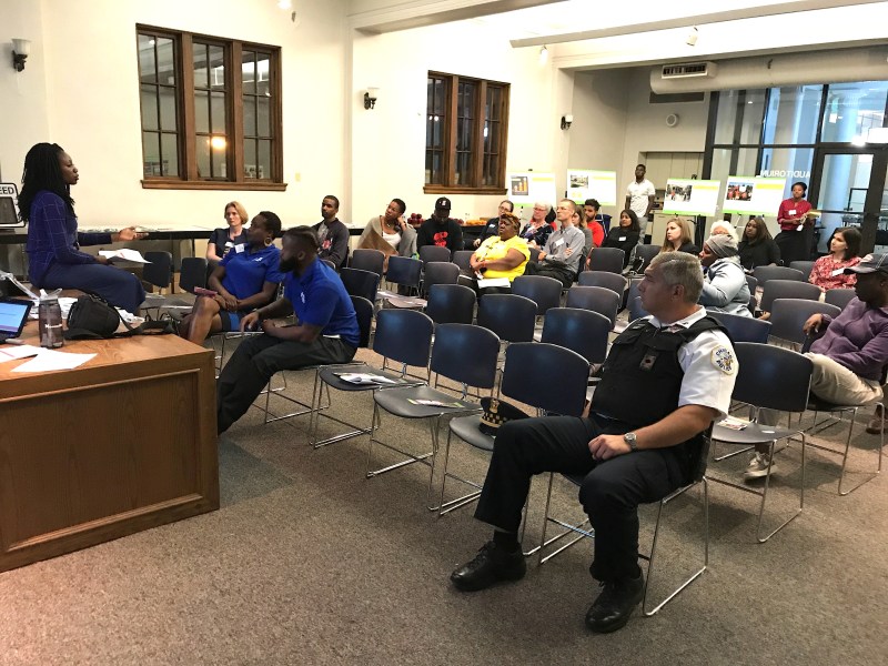 Amara Enyia speaks at the Garfield Park meeting. Photo: John Greenfield