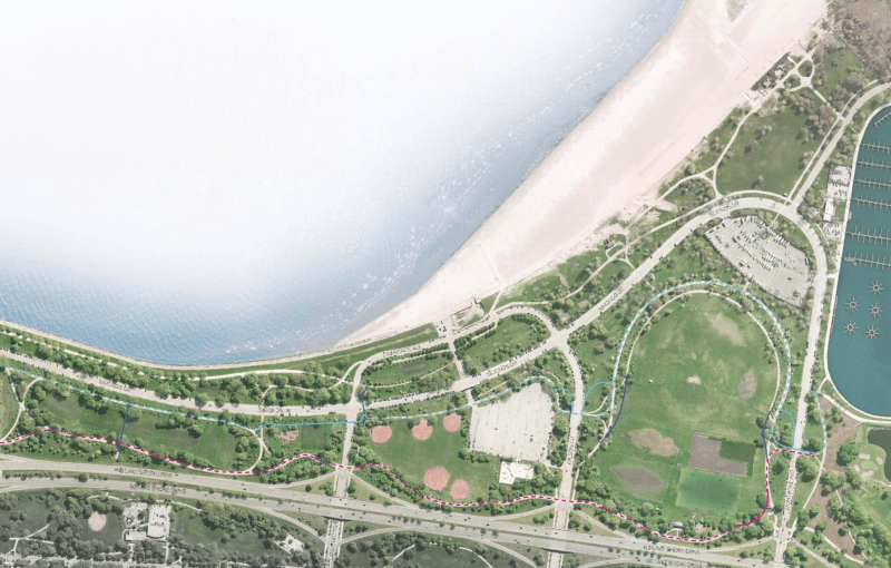 Cyclists (blue route) will be required to circumnavigate Cricket Hill (right side of map) while pedestrians (red route) will use the existing Lakefront Trail. Image: Chicago Park District