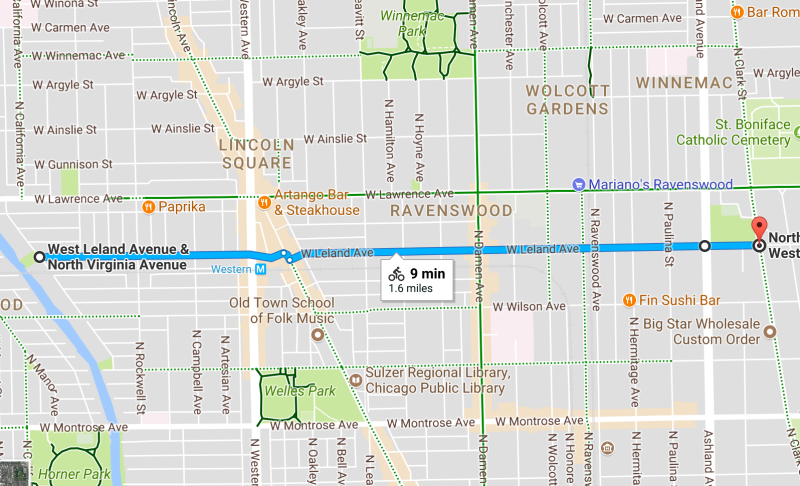 Leland already works as a quiet eastbound route across the 47th Ward. Adding a contraflow lane on one-way stretches between the river and Western, and between Damen and Clark, would make it more useful. Image: Google Streetview