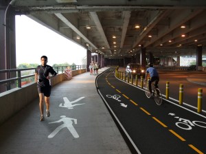 Instead of making us wait until mid-2019 for the entire flyover to open, the city should convert a lane of lower LSD to a protected bike lane, as Steven Vance proposed five years ago. Rendering: Erich Stenzel
