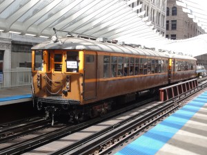 A historic 4000-series train serving the new Washington/Wabash station last Sunday. Photo: CTA
