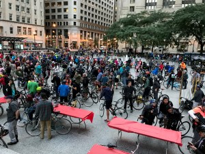 Critical Mass riders assemble at Daley Plaza for to celebrate the 20th anniversary of the monthly rides. Photo: John Greenfield