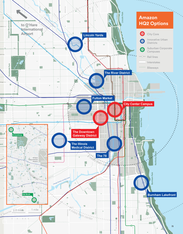 A map of the ten sites that Emanuel and Rauner have identified as potential locations for Amazon's second headquarters. Provided by City of Chicago.
