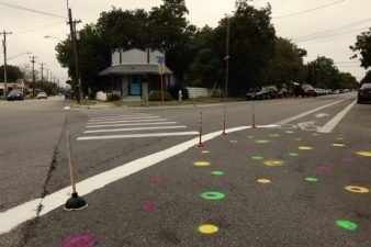 A group of frustrated San Antonio residents took pedestrian safety into their own hands earlier this month, and painted this crosswalk and curb bump out in a heavily-walked retail area called St. Mary's Strip. Photo: Rivard Report