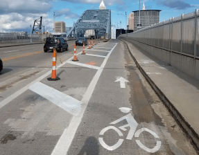 The new bike lane on Cleveland's Detroit-Superior Bridge -- shown here under construction -- is a serious upgrade. Photo: Bike Cleveland