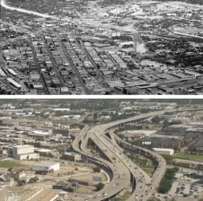 The neighborhoods east of downtown Dallas in 1963, before the construction of I-345, and in the present day (note: the photos are not taken from the same perspective). Top photo: Tom Dillard/Dallas Morning News; bottom photo: Streetfilms