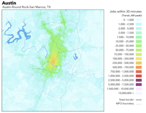 A map of transit accessibility for jobs in Austin, via University of Minnesota