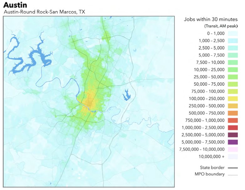 A map of transit accessibility for jobs in Austin, via University of Minnesota