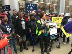 Residents from Bronzeville and Chinatown/Armour Square hold a press conference outside CTA headquarters. Photo: CBCAC