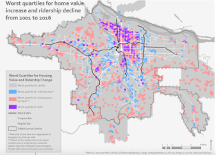 In Portland, there's a lot of overlap between areas where bus ridership is falling and home values are increasing. Map: TriMet/TransitCenter