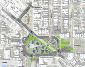 Option 4 "The Bend" scenario would implement two-way traffic around Logan Square and reconfigure Kedzie to create a new plaza. Image: CDOT