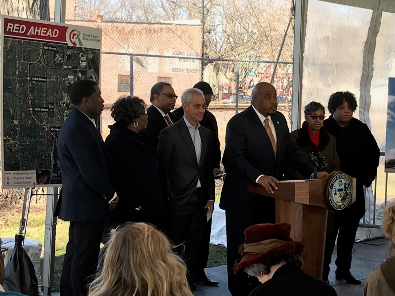 CTA chairman Terry Peterson, Mayor Rahm Emanuel, CTA chief Dorval Carter, and local politicians at this morning's announcement. Photo: CTA