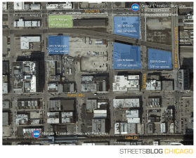Map of the Fulton Market area with five proposed buildings outlined. Car-heavy ones are shown in blue; the car-lite one is shown in Green. Image: Google Earth; edited by Steven Vance.