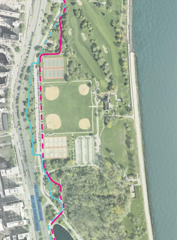 Near the Waveland clock tower, cyclists (blue line) will be directed back and and forth across the long, narrow parking lot, near a third street crossing at Belmont Harbor Drive. Image: Chicago Park District