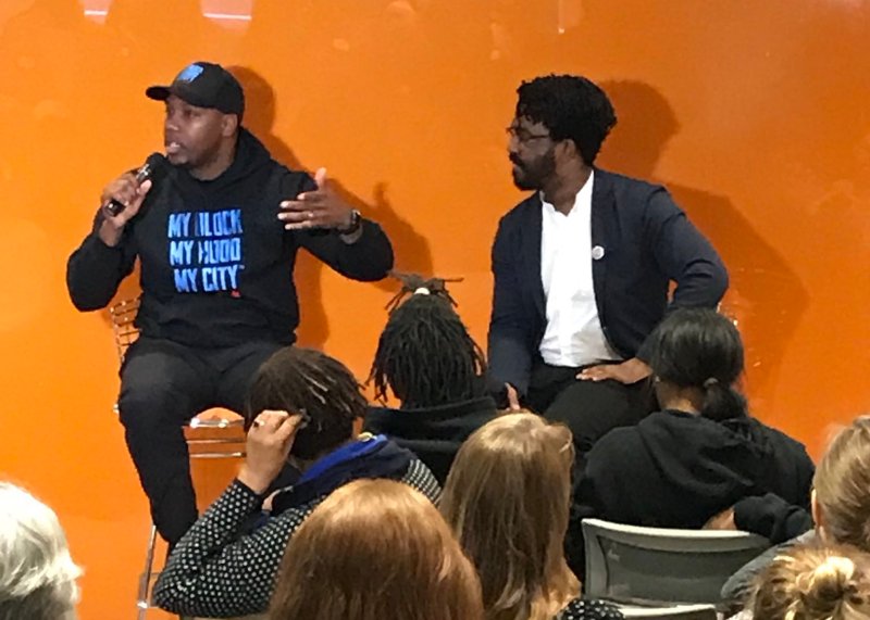Jahmal Cole and Darryl Holliday speaking at MPC event about CTA, segregation, and Cole's organization. Photo: Audrey Wennink/MPC