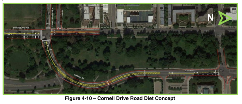 The proposed road diet on Cornell between 57th and 59th, north of the Obama Center site. Image: CDOT