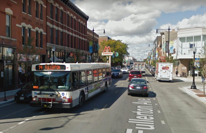 Jeff Wegerson says CTA bus drivers sometimes use the bike and parking lanes on Fullerton in Lincoln Park as de facto bus-only lanes. Image: Google Street View