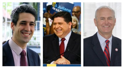 Three Democratic Party gubernatorial candidates: Biss, Pritzker, Daiber. Source: Biss (Wikipedia), Pritzker and Daiber (their campaigns)
