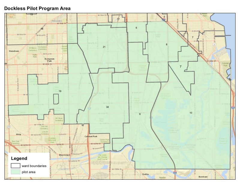 The dockless coverage area includes all of the city south of 79th, except for the area east of the Chicago Skyway.