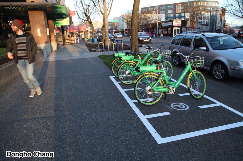 Testing a dockless bike corral in Seattle. Photo: Dongho Chang