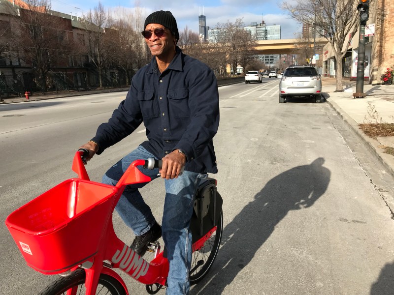 Riding a Jump Mobility dockless bike-share cycle in the South Loop. Photo: John Greenfield