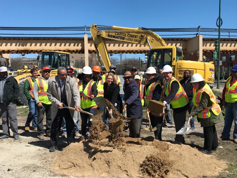 Dorval Carter Jr., CDOT Commissioner Rebekah Scheinfeld, and Water Burnett with project workers at the station site. Photo: John Greenfield