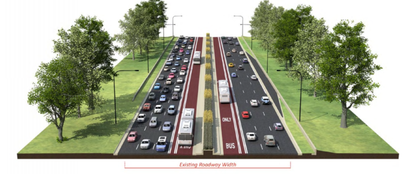 A rendering of Lake Shore Drive with mixed-traffic lanes converted to dedicated bus lanes. Image: IDOT